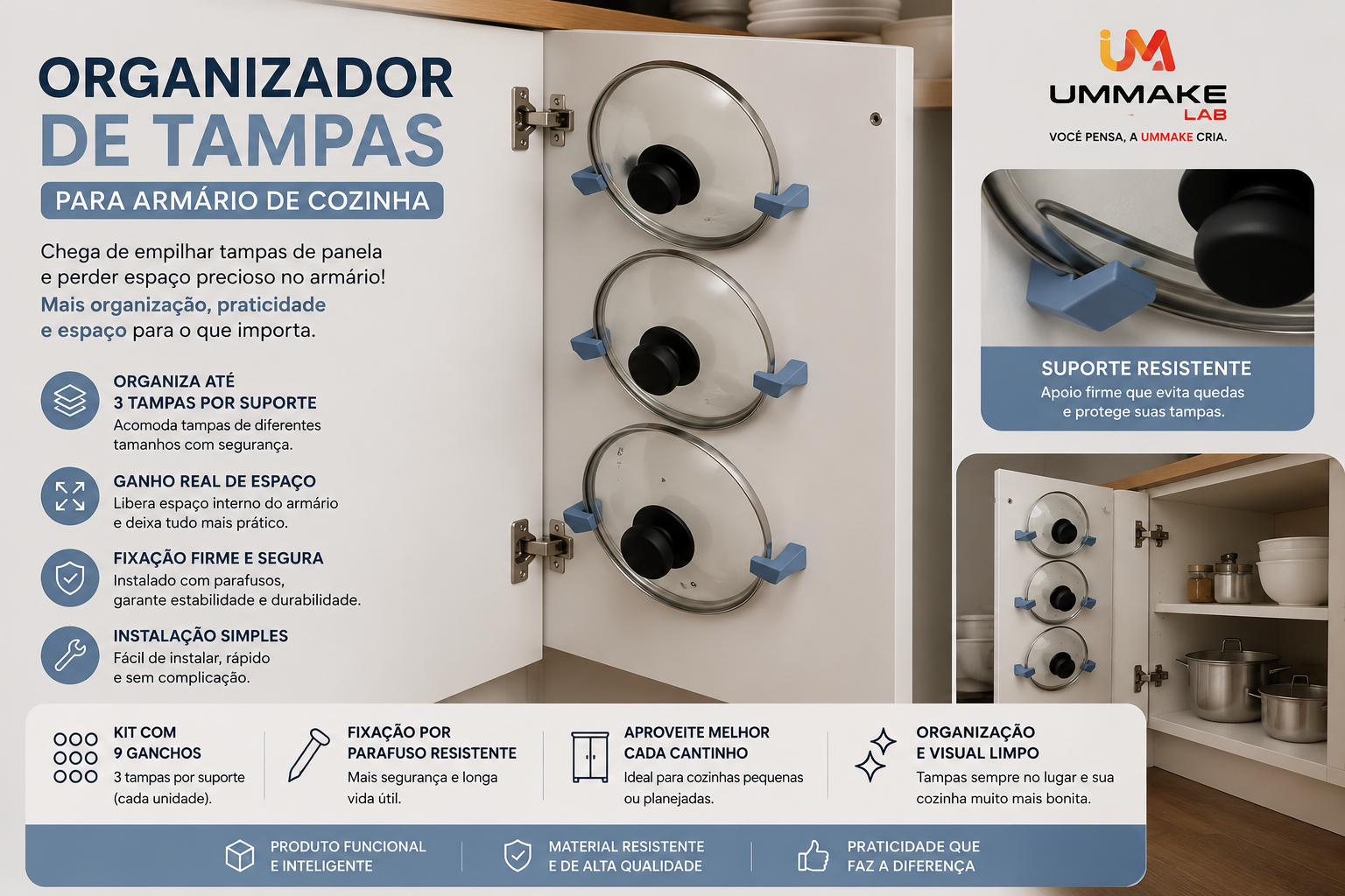 Suporte de Tampa de Panela para Porta do Armário - Kit com 9 Ganchos (Organizador Adesivo/Parafusável)